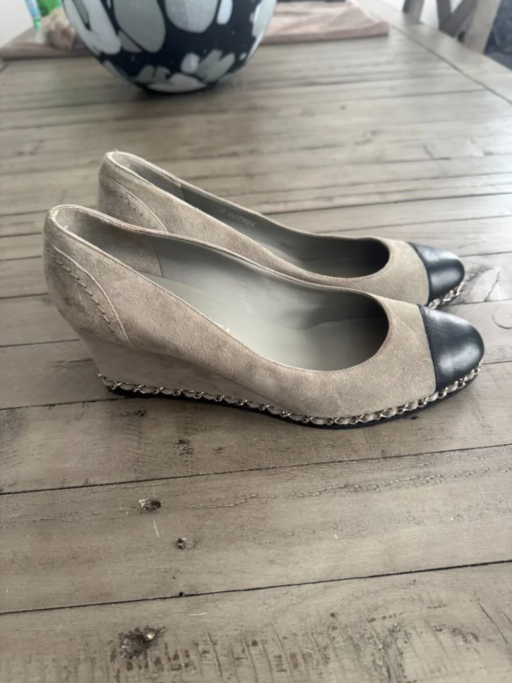 CHANEL Suede Cap Toe Chain Link Wedge Heel Pumps Grey Black 38.5